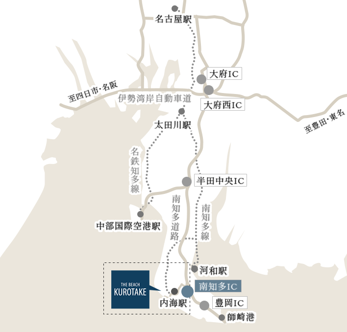 愛知県全体図から見たTHE BEACH KUROTAKEの位置